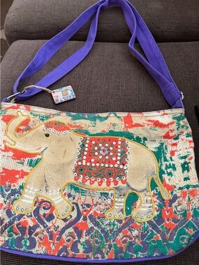 Sundance Multicolor Elephant Canvas Shoulder Bag with Purple Strap